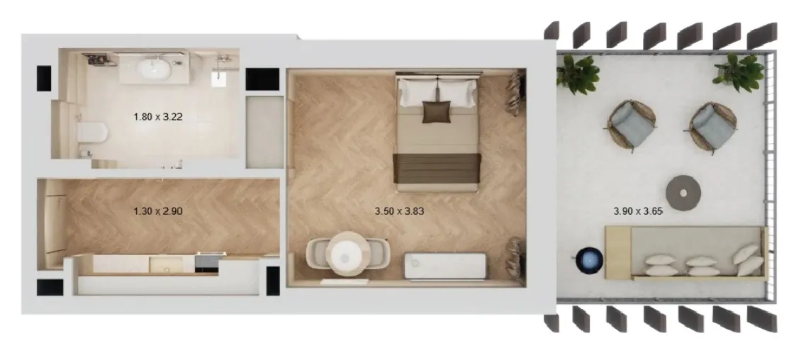 Arisha Terraces Studio floor plan, 414 sqft
