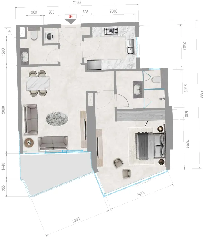 Orchid Towers Phase 1 1 bed floor plan, 787 sqft