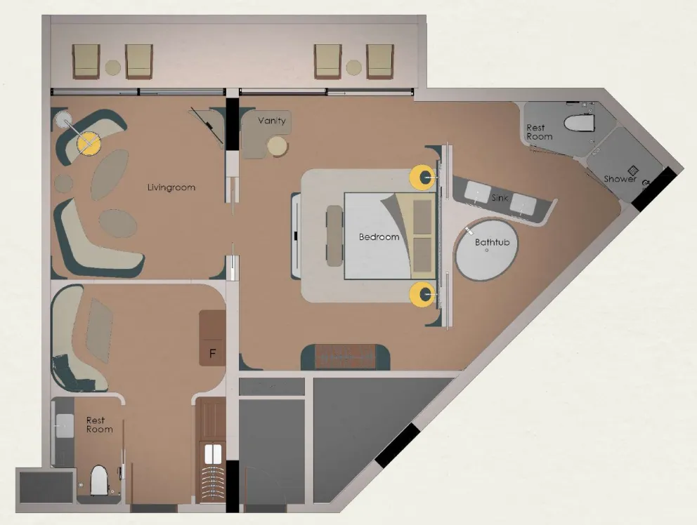 Hotel London 1 bed floor plan, 1,287 – 1,382 sqft