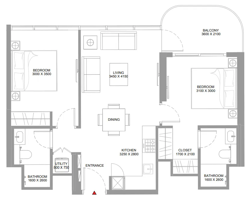 Pierside Marina Residences 2 bed floor plan, 808 sqft