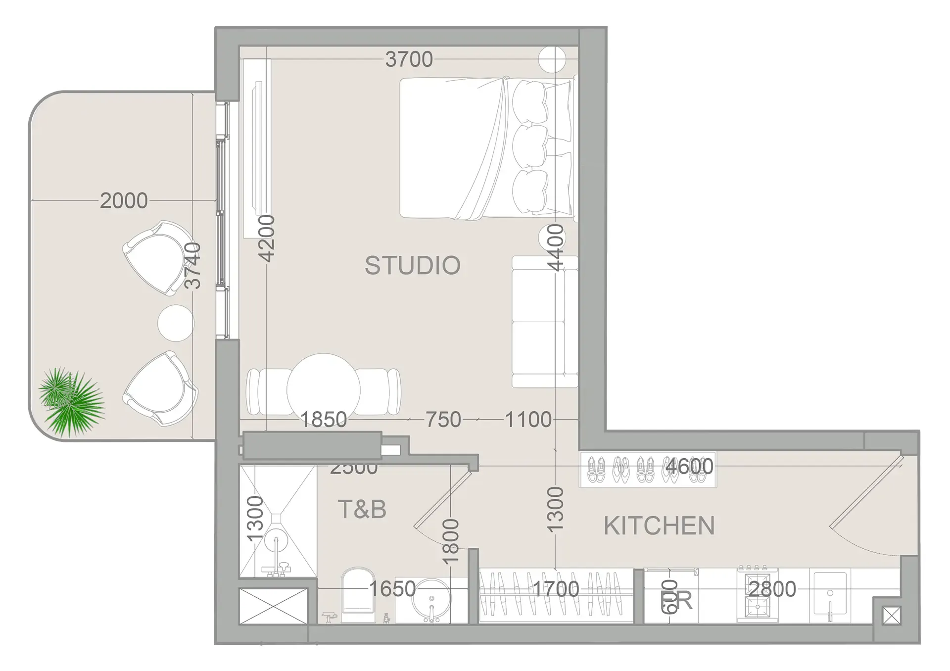 TETR1S Tower Studio floor plan, 443 sqft