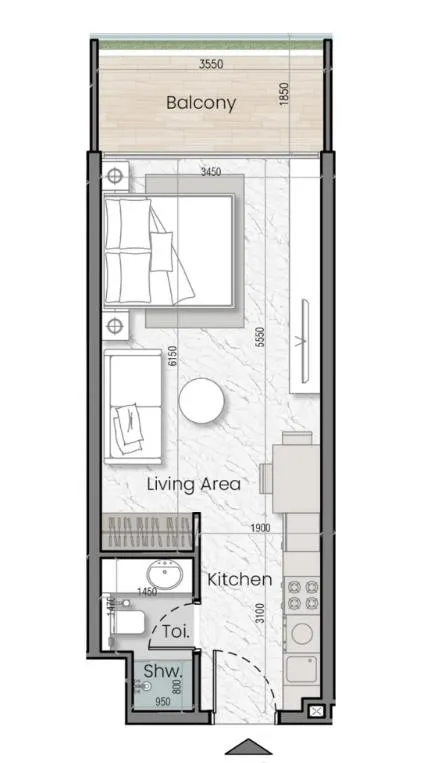 I'Sola Bella Studio floor plan, 412 sqft