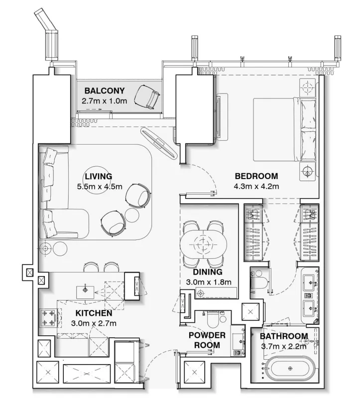 Burj Azizi 1 bed floor plan, 936 sqft