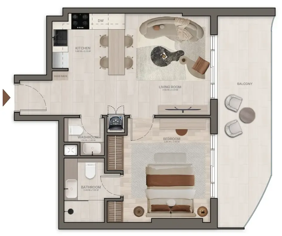 Stax 1 bed floor plan, 652 – 677 sqft