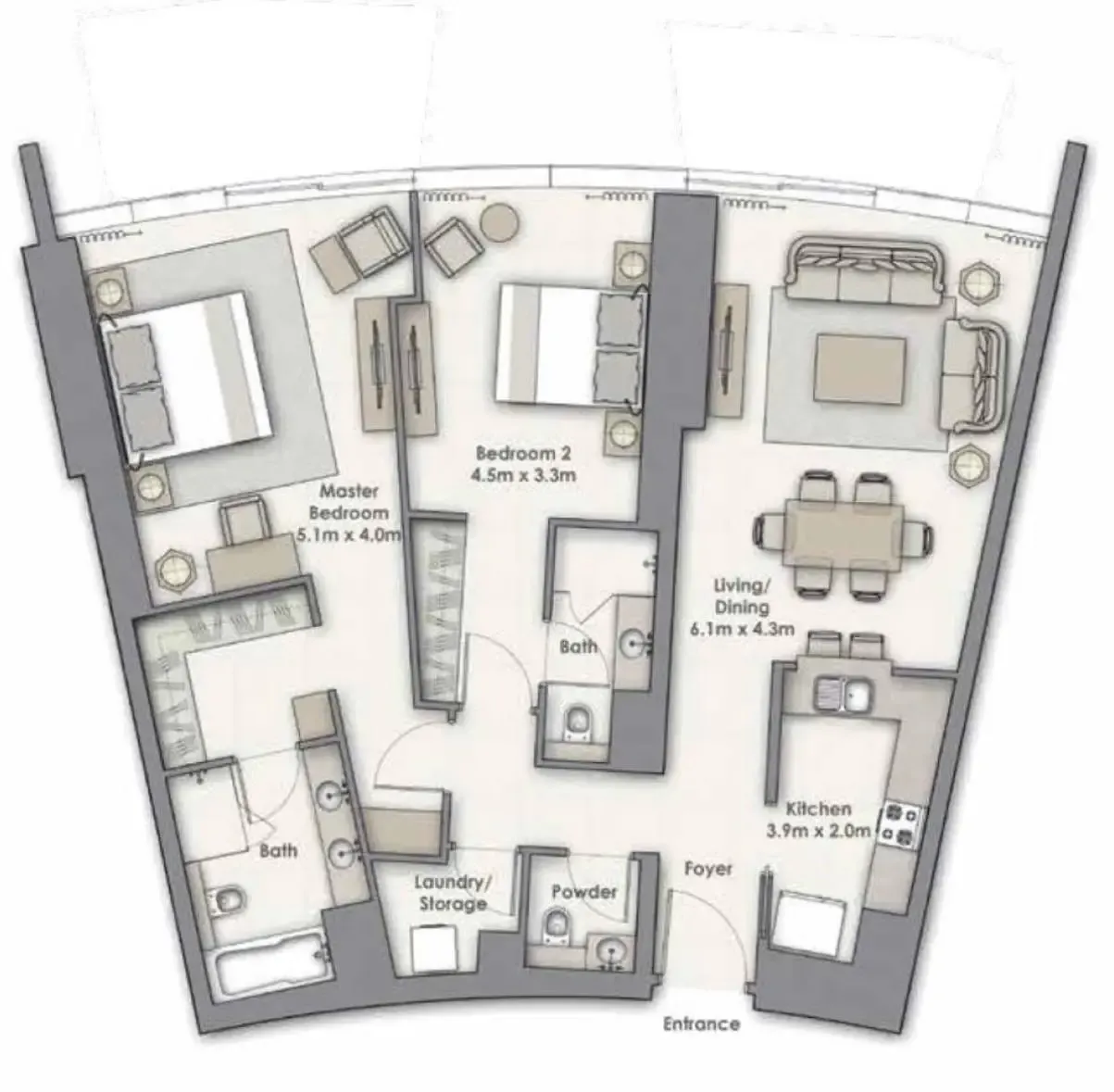 Opera Grand 2 bed floor plan, 1,364 sqft