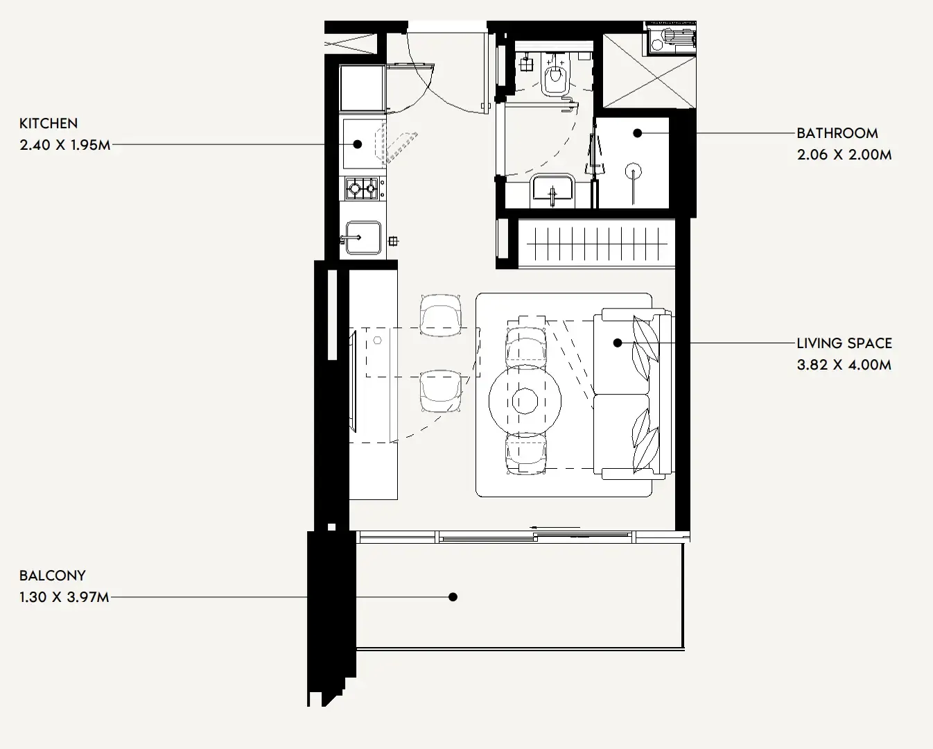 Jaddaf Beach Oasis Studio floor plan, 338 sqft