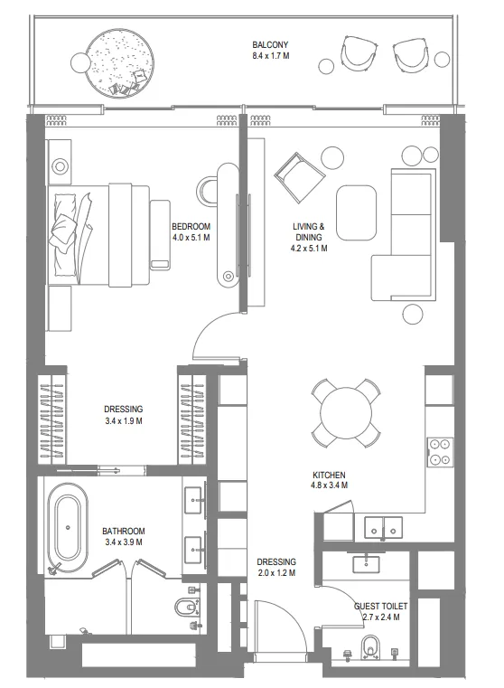 Anantara Sharjah Resort 1 bed floor plan, 1,190 sqft