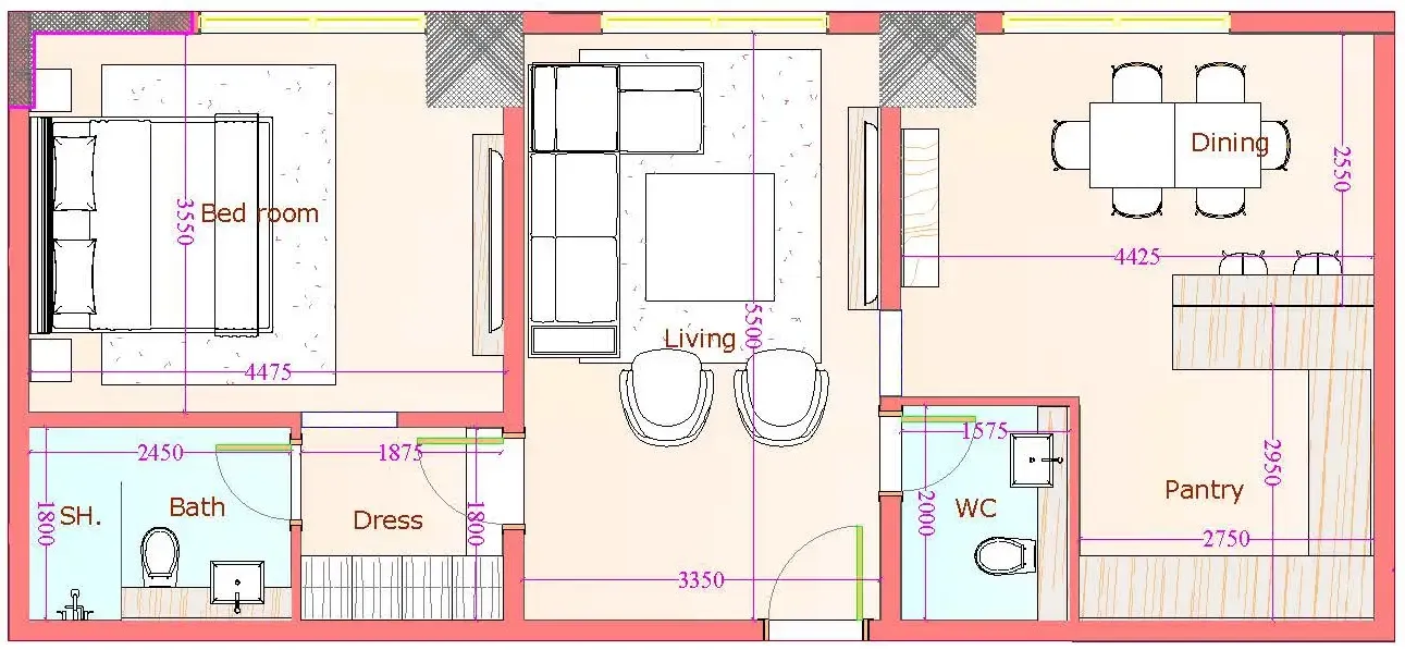 Playa Viva 1 bed floor plan, 761 sqft