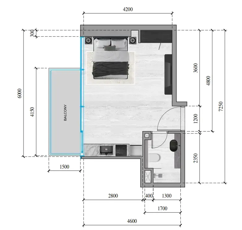 SkyGate Tower Studio floor plan, 382 sqft