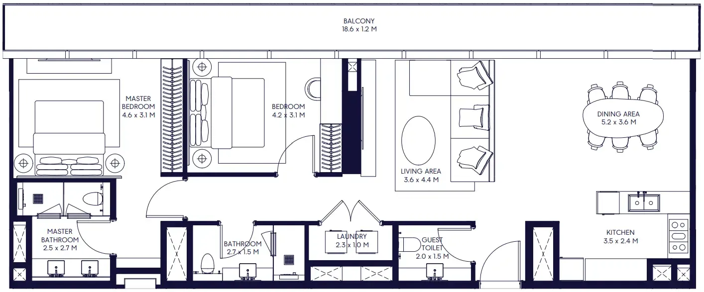 Inaura Hotels & Residences Downtown 2 bed floor plan, 1,426 sqft