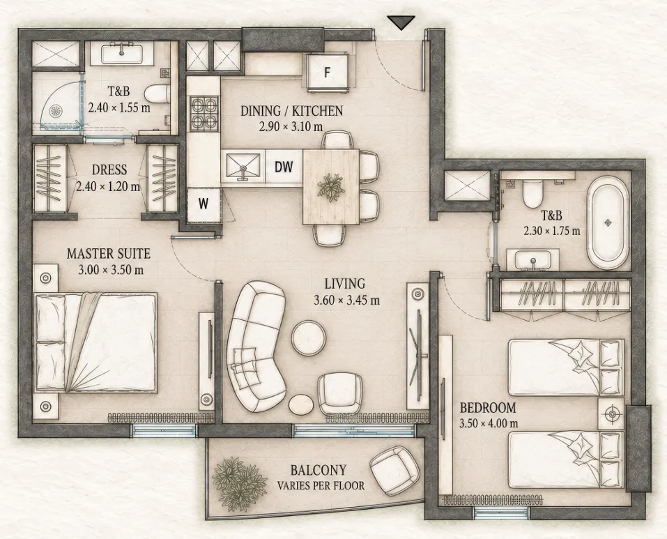 Epoque 2 bed floor plan, 773 sqft