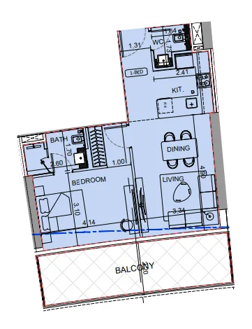Binghatti Aquarise 1 bed floor plan, 811 sqft