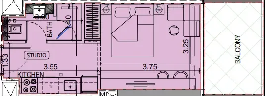 Binghatti Vintage Studio floor plan, 373 – 375 sqft