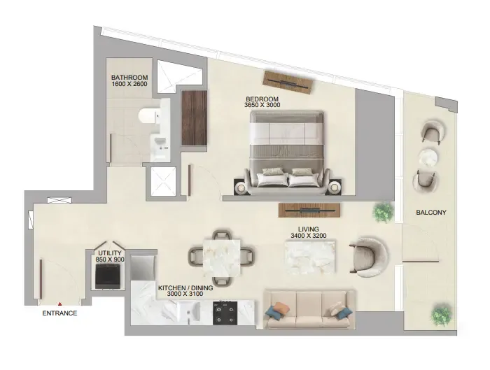 The Tranquil at Sobha Central 1 bed floor plan, 686 sqft