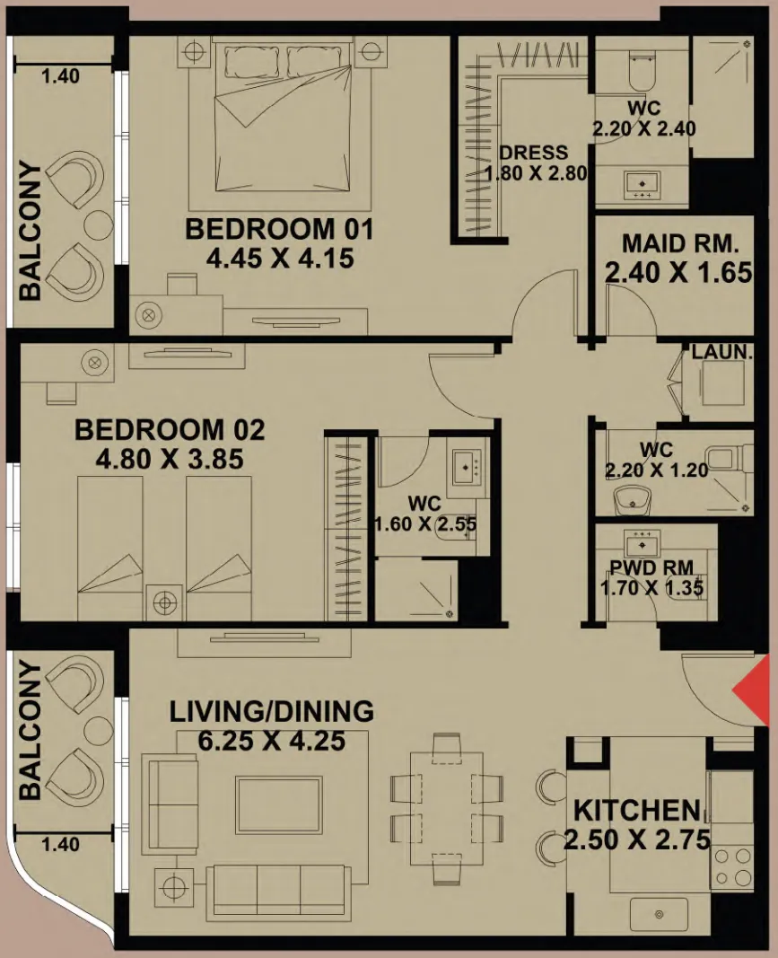 Timber Terrace 2 bed floor plan, 1,380 sqft