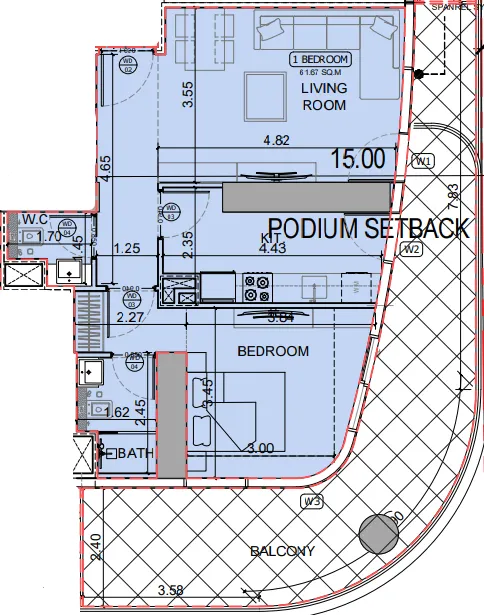 Binghatti Skyhall 1 bed floor plan, 993 – 994 sqft