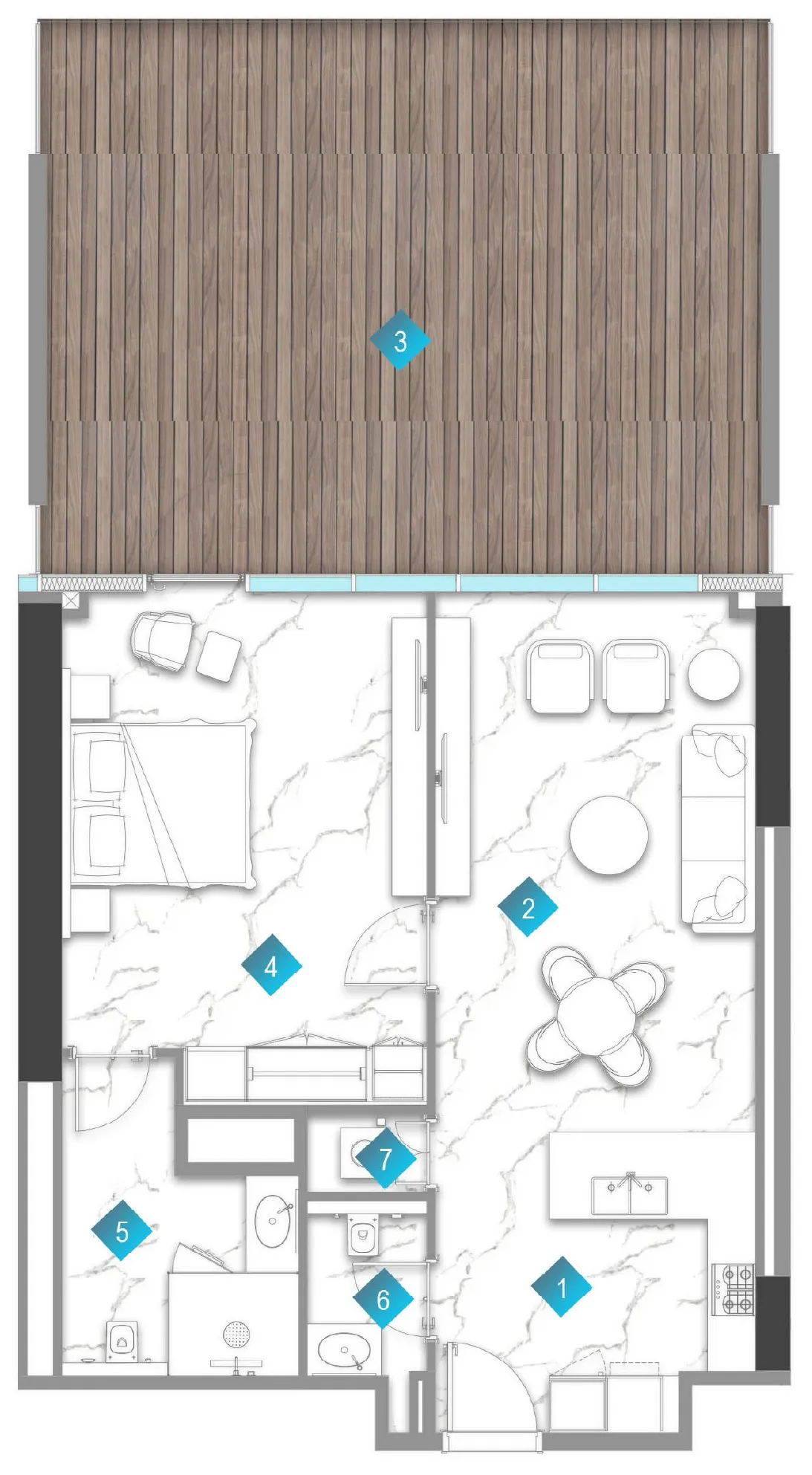 Aqua Arc 1 bed floor plan, 1,409 sqft