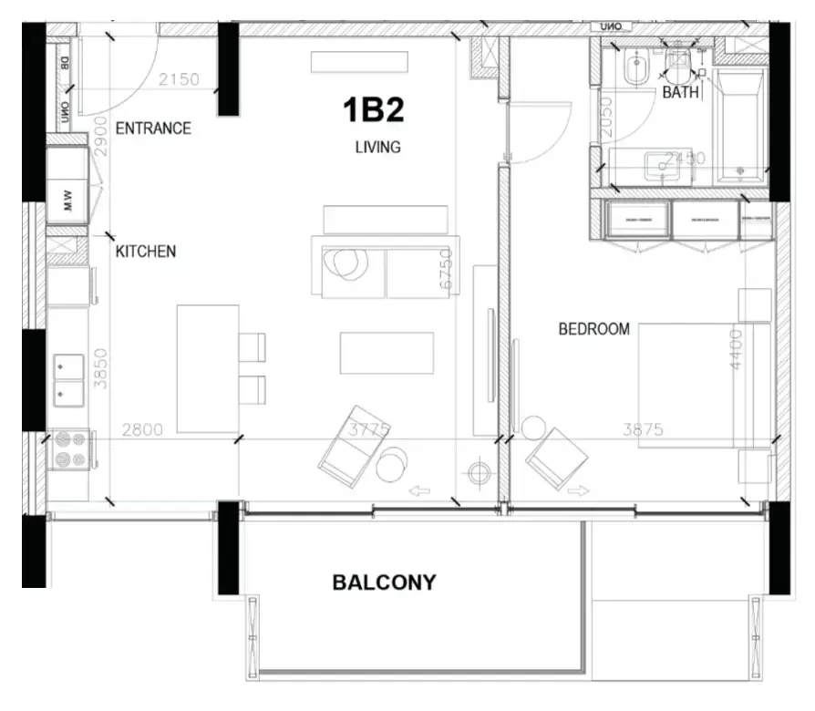 Sealine Residence 1 bed floor plan, 932 sqft