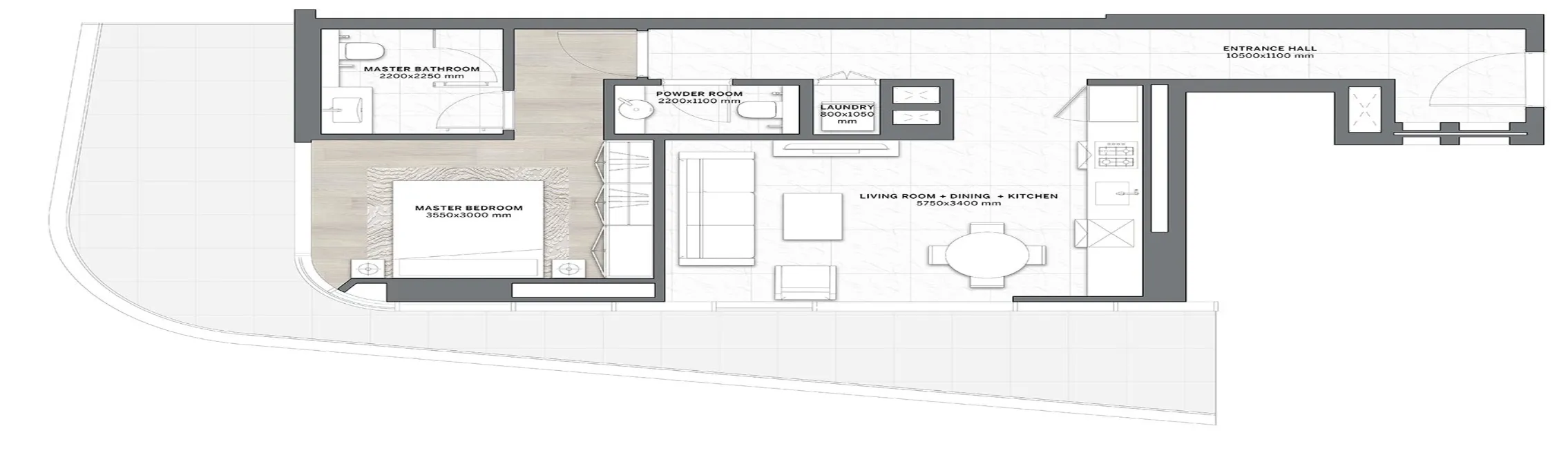 DG1 Living 1 bed floor plan, 1,118 sqft