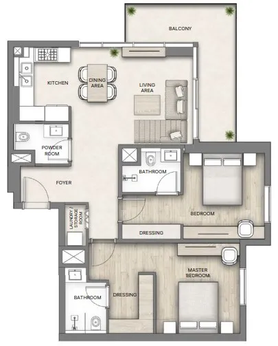 Al Hamra Greens 2 bed floor plan, 1,103 sqft