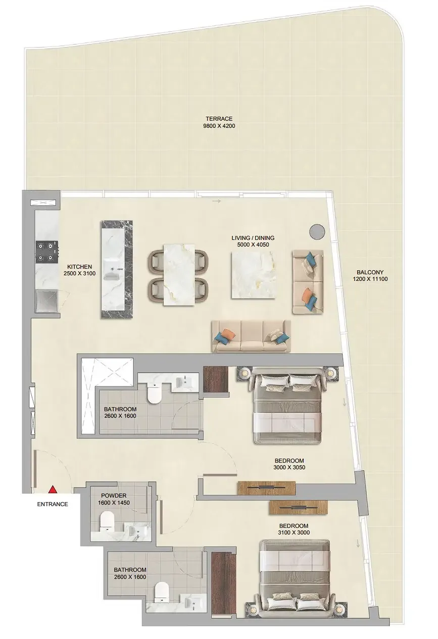 River Cove Residences at Sobha City 2 bed floor plan, 1,546 sqft