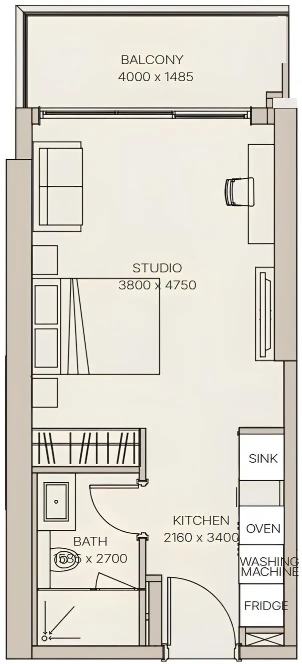 Nirvana Residences 1 Studio floor plan, 421 – 447 sqft