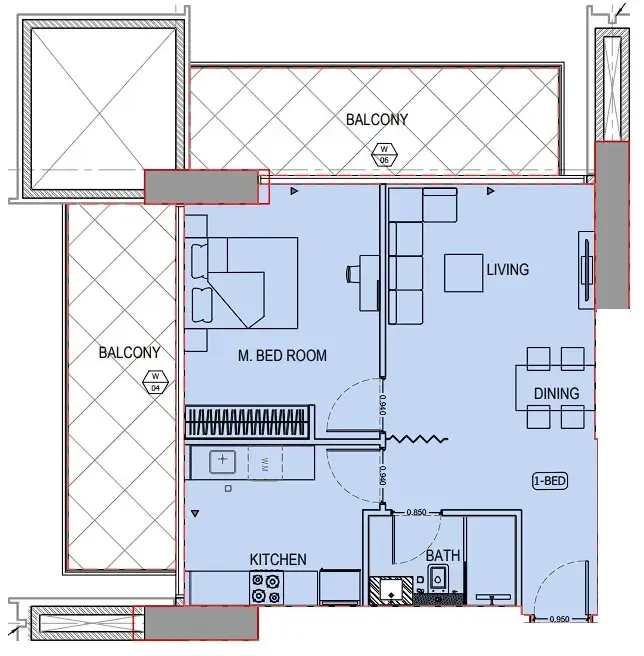 Binghatti Apex 1 bed floor plan, 905 sqft