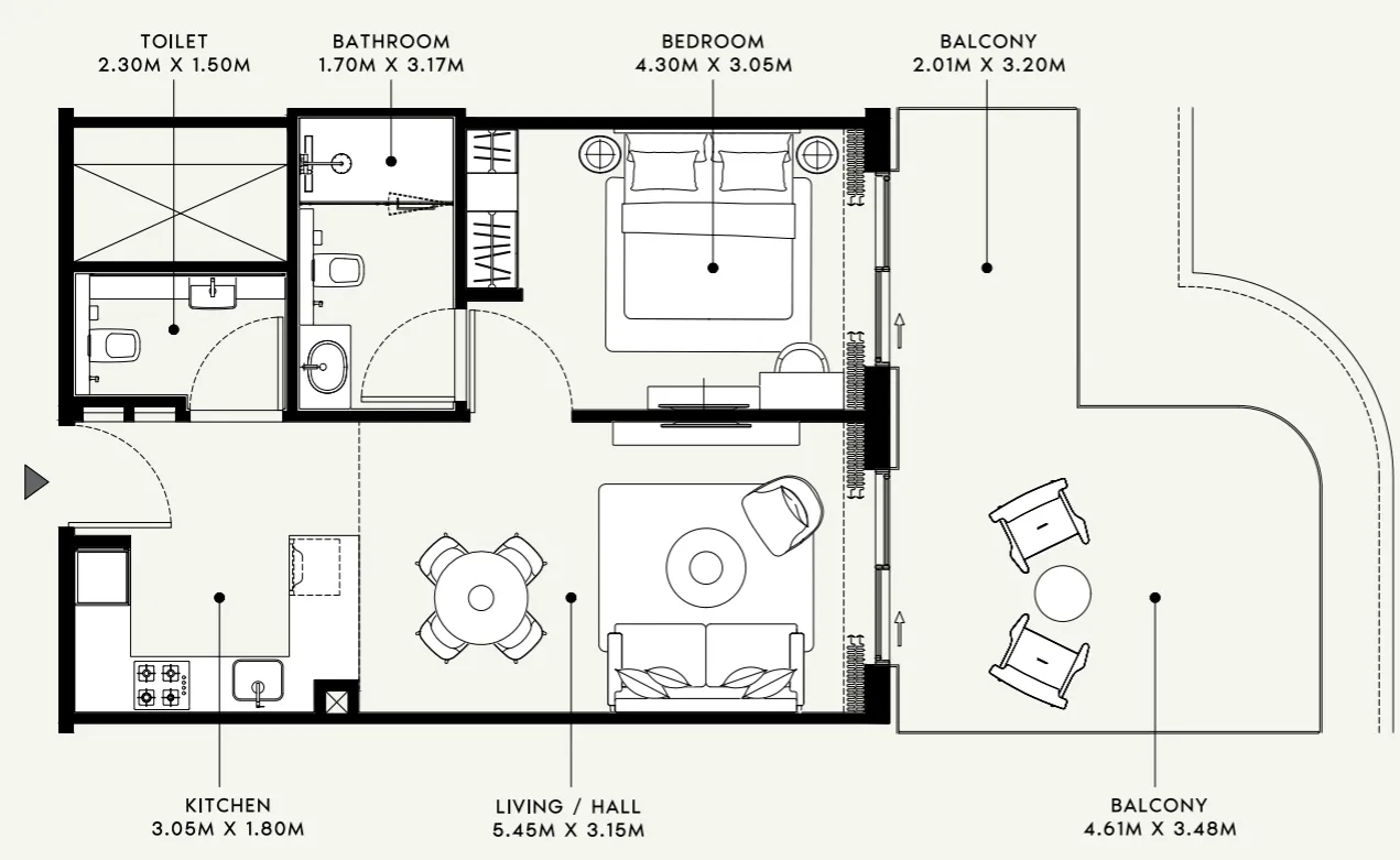 Azizi Venice 1 bed floor plan, 832 sqft