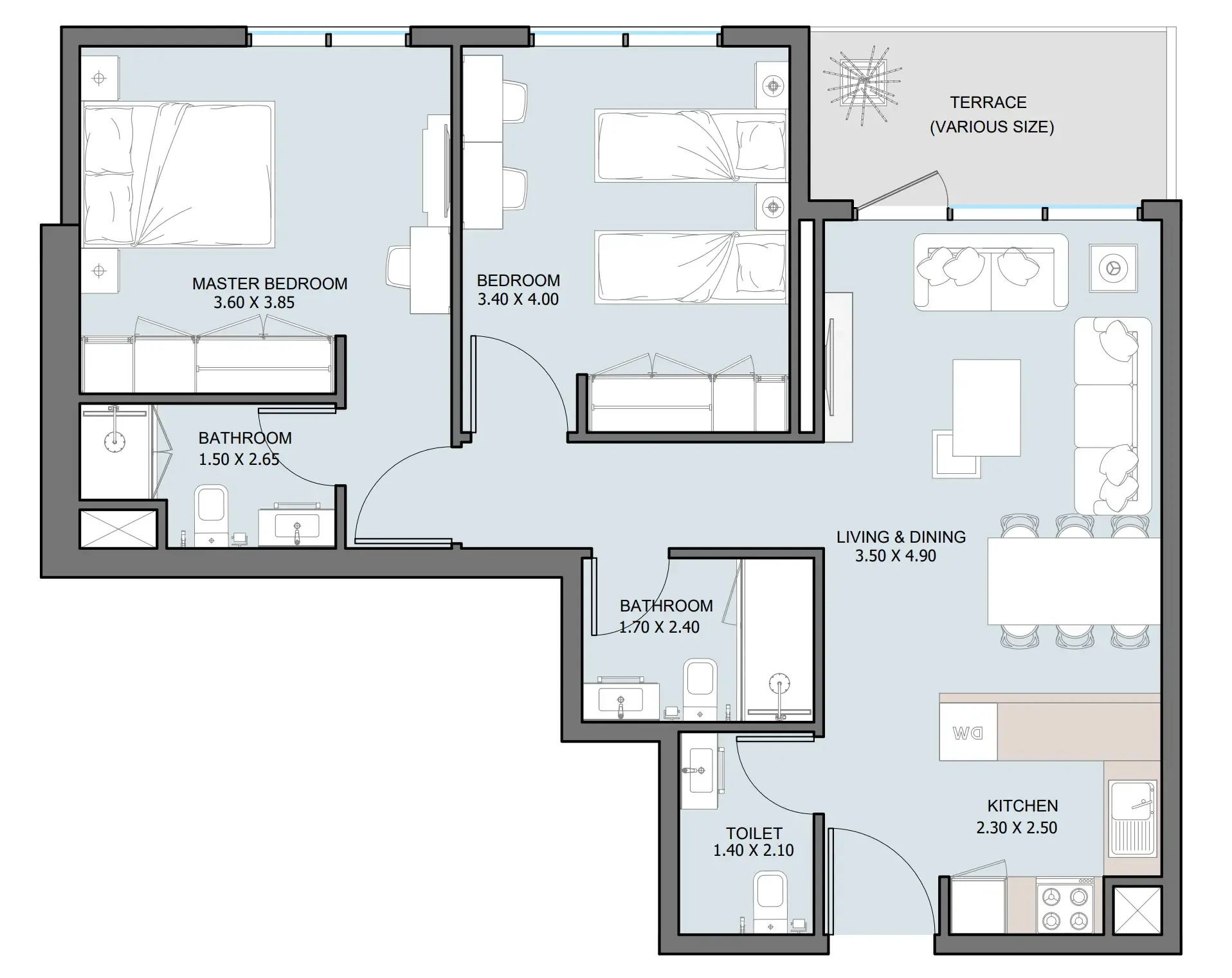 The District 2 bed floor plan, 918 sqft