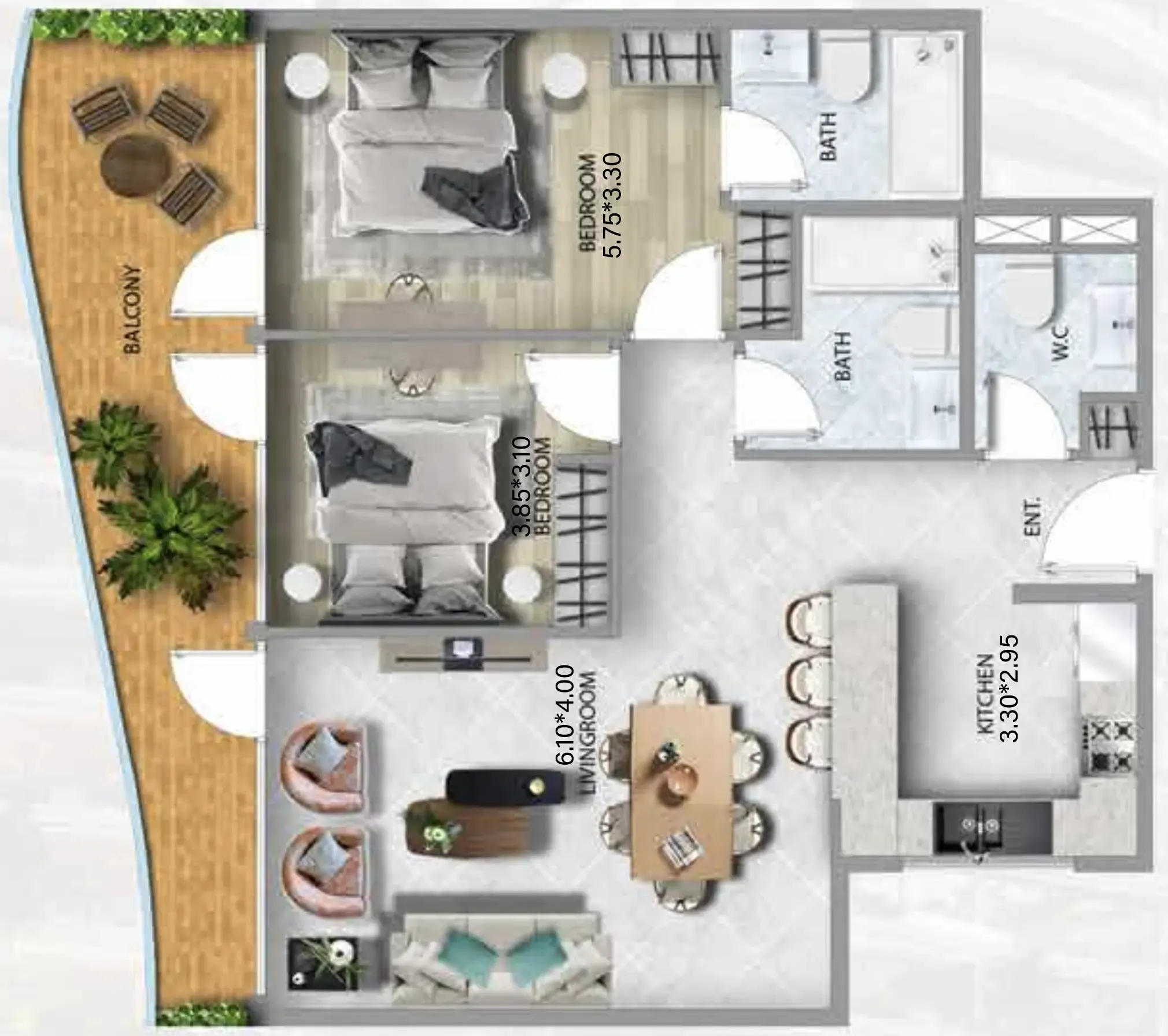 311 Boulevard 2 bed floor plan, 1,156 sqft