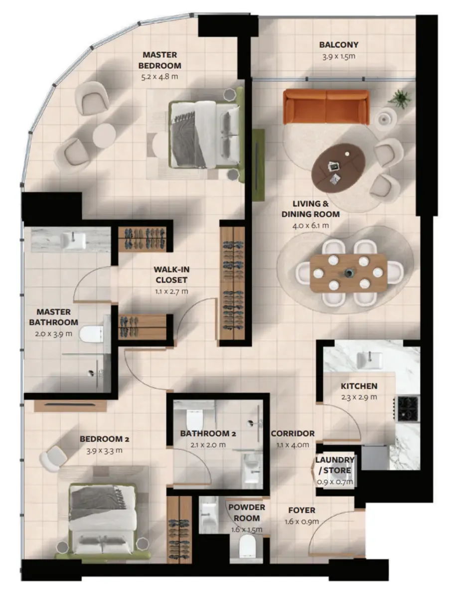 Waada Dubai South 2 bed floor plan, 1,247 – 1,248 sqft