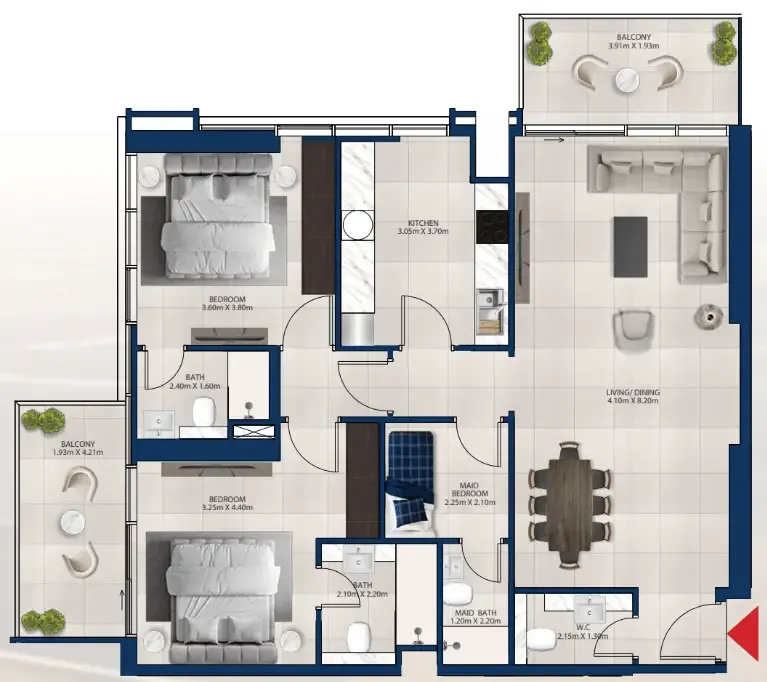 Al Vista 2 bed floor plan, 1,331 sqft