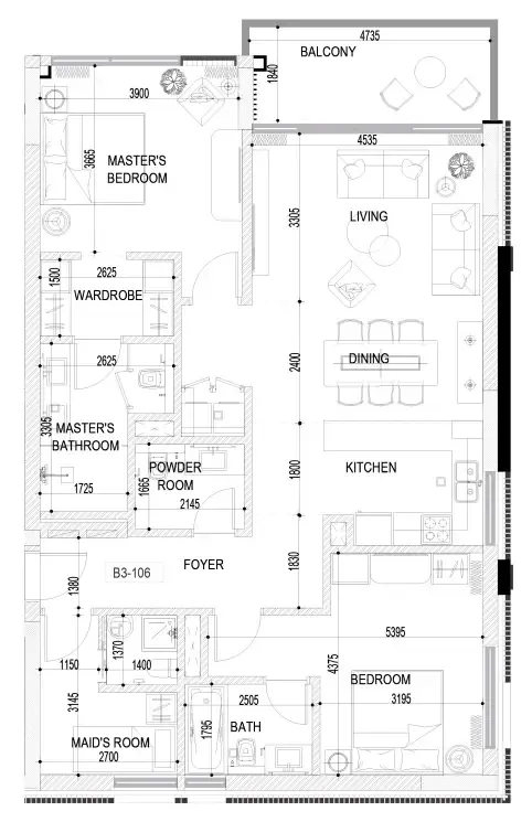 Naseem Al Jurf 2 bed floor plan, 1,345 sqft