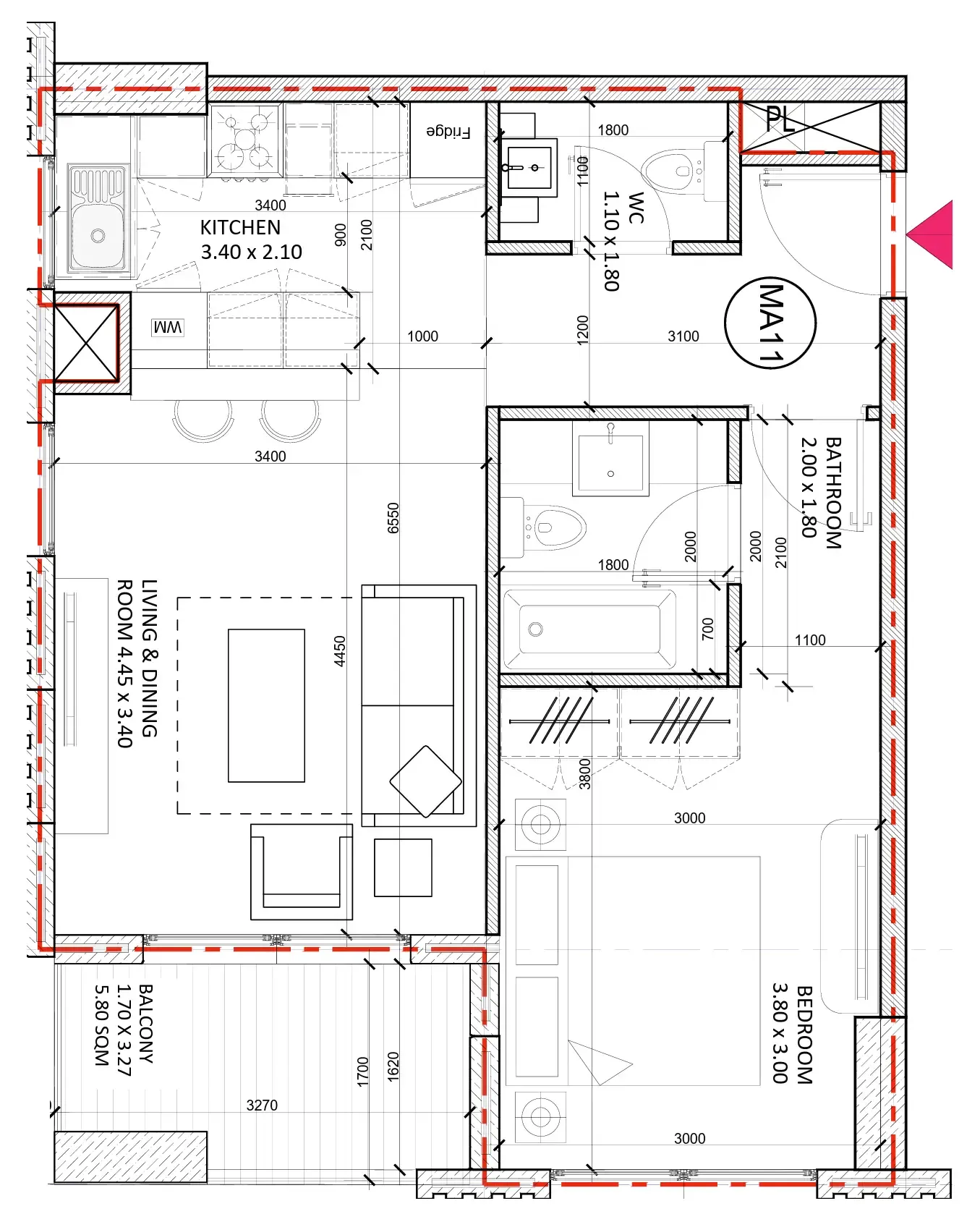 Al Mamsha Sharjah 1 bed floor plan, 727 sqft