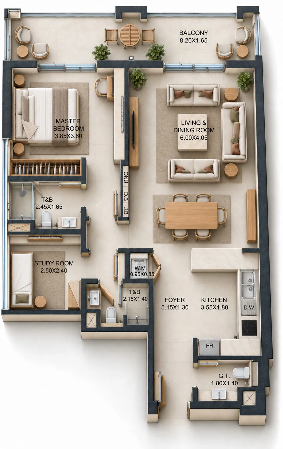 Reeman Residence 02 1 bed floor plan, 971 – 976 sqft