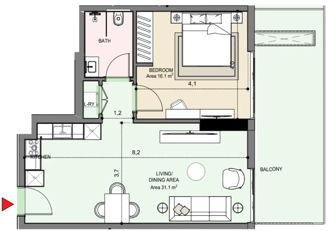 Edgewater Residences 1, 2 and 3 1 bed floor plan, 868 sqft