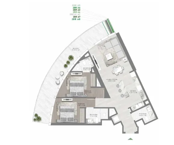 Canal Crown 2 bed floor plan, 1,311 – 1,312 sqft