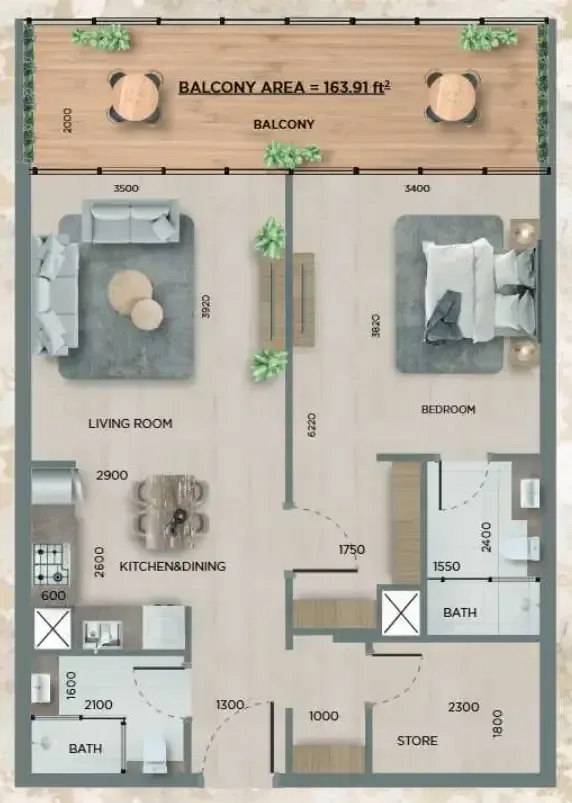 368 Park Ln. 1 bed floor plan, 806 sqft