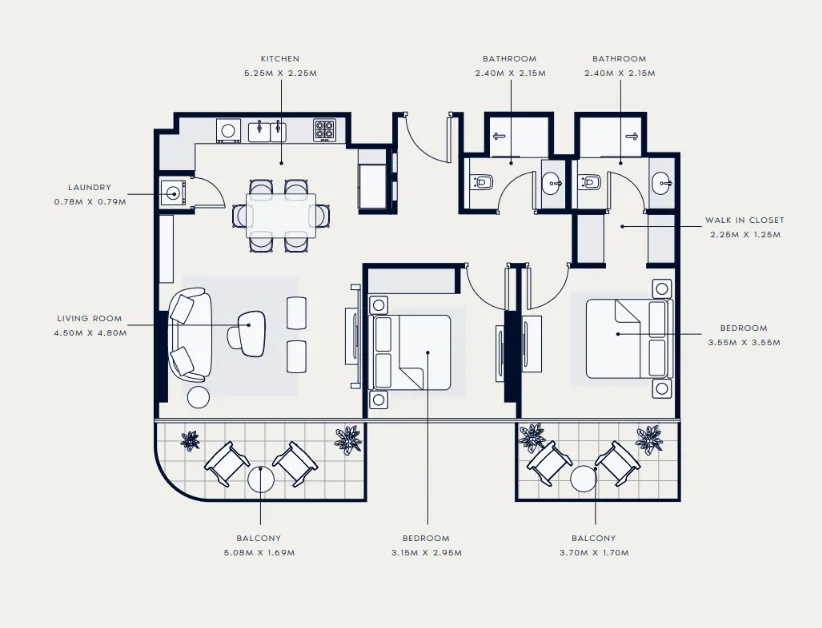Azizi Venice 2 bed floor plan, 1,086 sqft