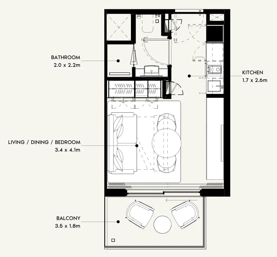 Azizi Noura Studio floor plan, 340 sqft