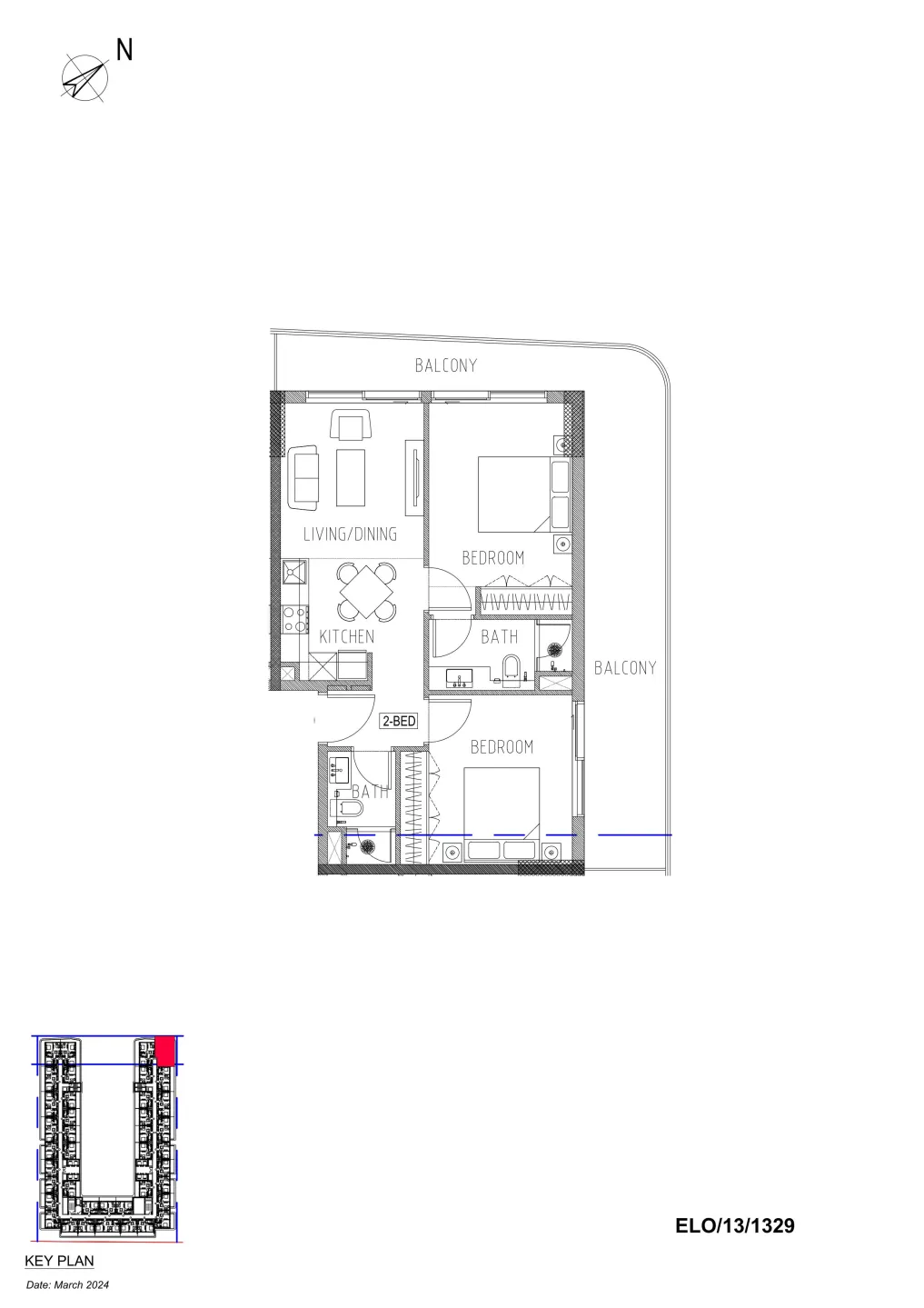 Elo Damac 2 bed floor plan, 1,033 sqft