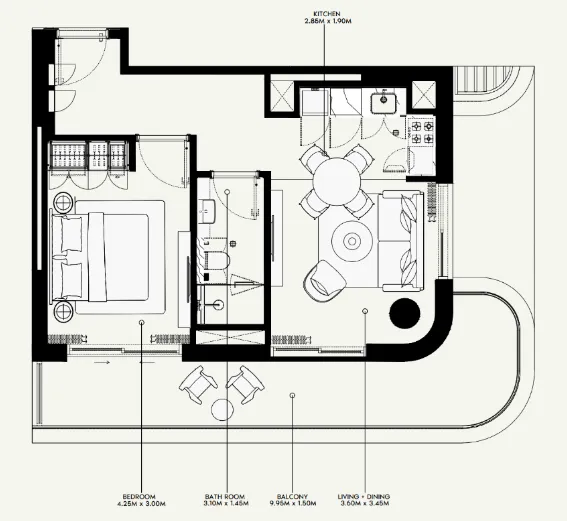Azizi Venice 1 bed floor plan, 709 sqft