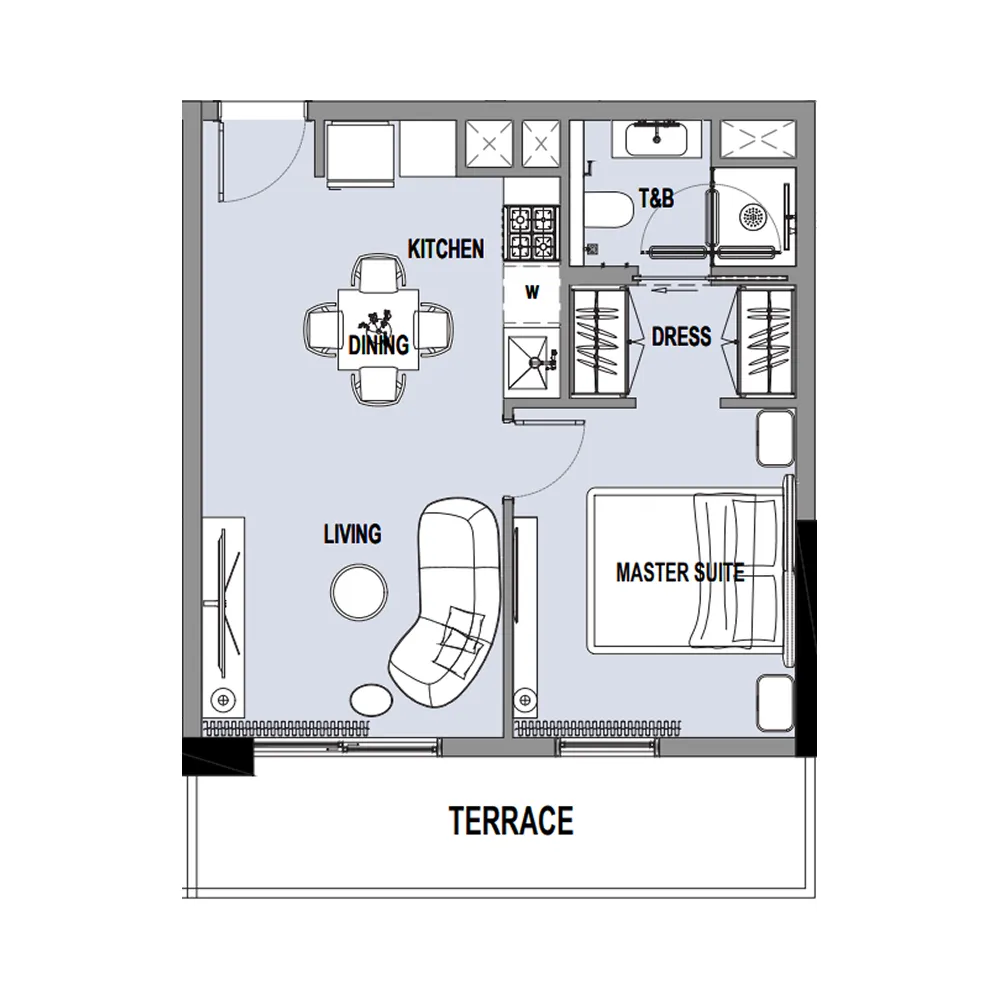 Verso 1 bed floor plan, 579 sqft