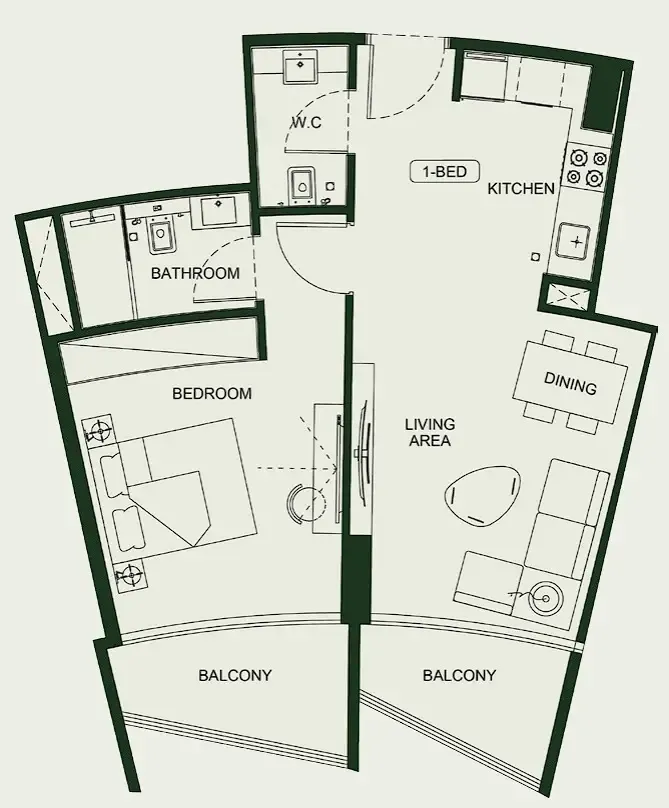Binghatti HillCrest 1 bed floor plan, 699 sqft
