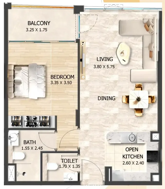 Crystal Tower by VHS 1 bed floor plan, 668 sqft