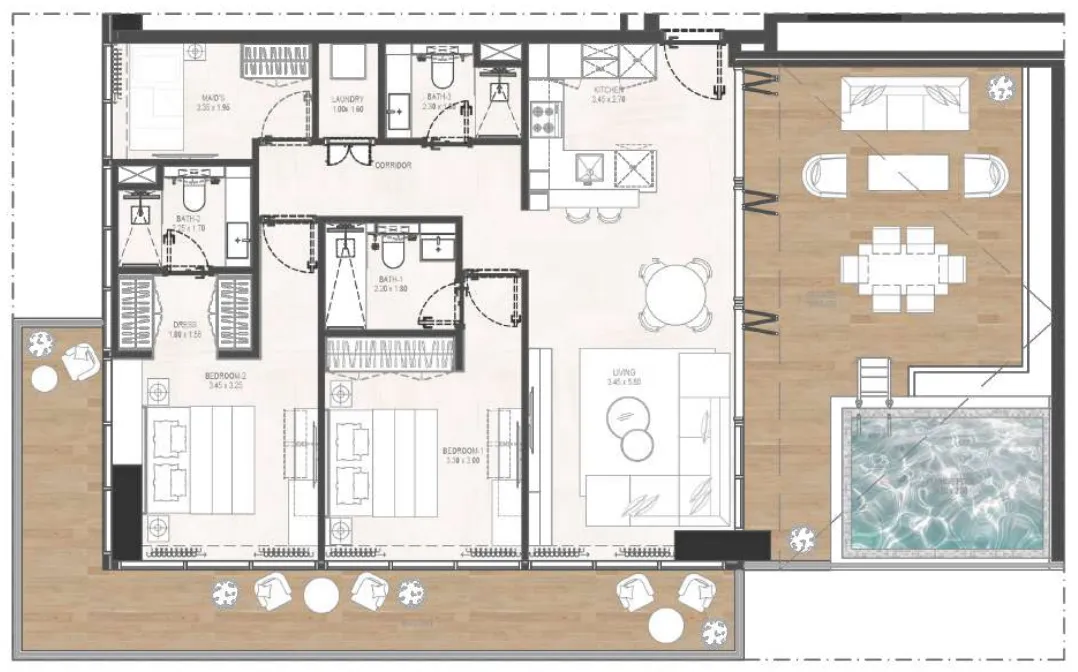 Gharbi 2 Residences 2 bed floor plan, 1,634 sqft