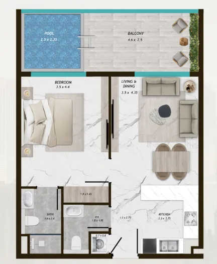 Samana Parkville 1 bed floor plan, 770 sqft