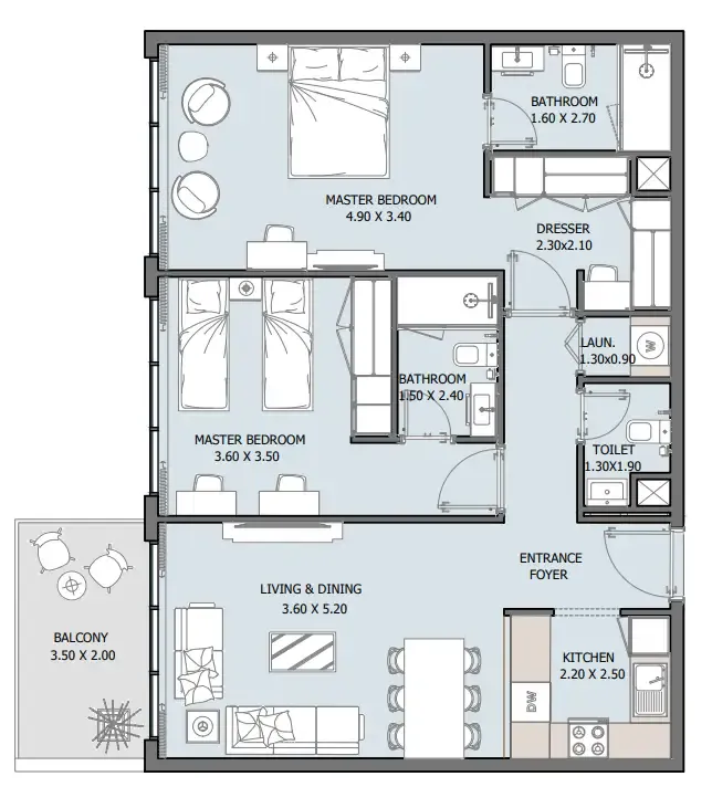 Oceana 2 bed floor plan, 1,014 – 1,015 sqft