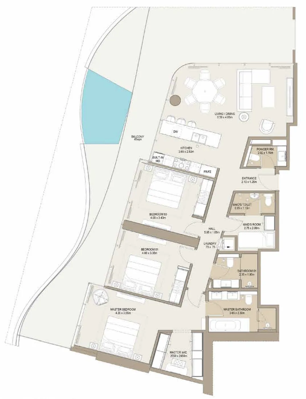 Laguna Residence 3 bed floor plan, 2,215 sqft