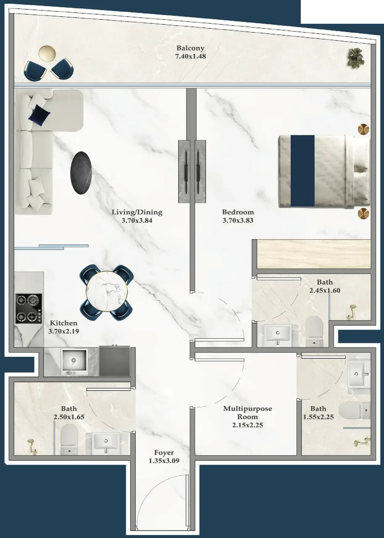 Serenz 1 bed floor plan, 716 sqft